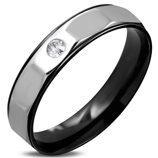 5mm | Black Stainless Steel 2-tone Comfort Fit Half-Round Wedding Band Ring w/ Clear CZ