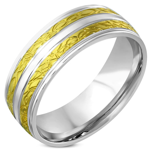 8mm | Stainless Steel 2-tone Engraved Comfort Fit Half-Round Band Ring