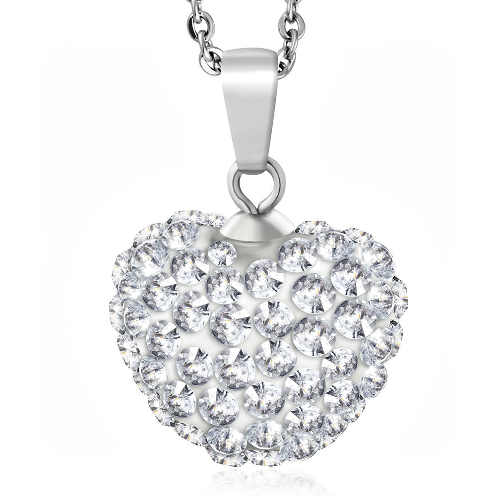 Stainless Steel Love Heart Shamballa Charm Chain Necklace w/ Clear CZ
