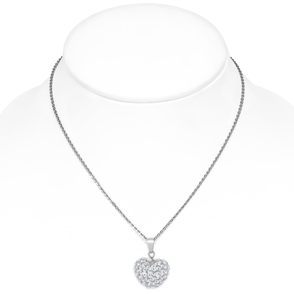 Stainless Steel Love Heart Shamballa Charm Chain Necklace w/ Clear CZ