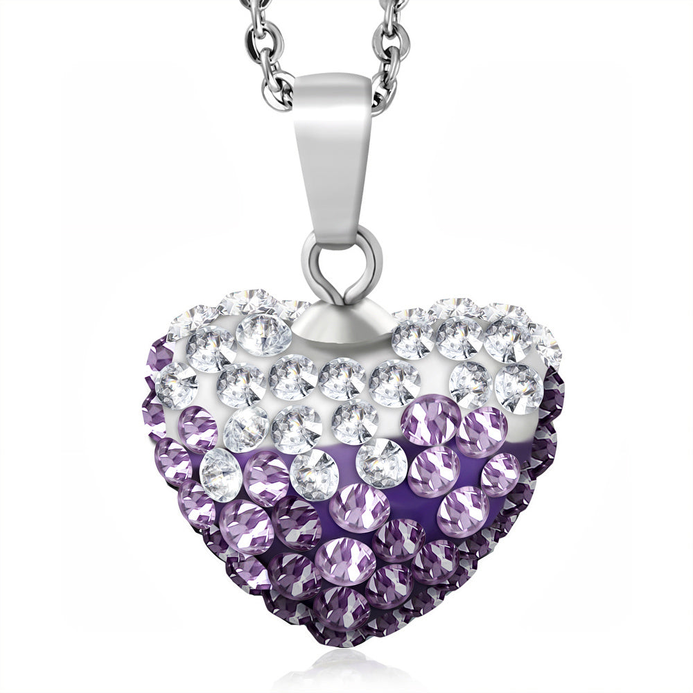 Stainless Steel Love Heart Shamballa Charm Chain Necklace w/ Clear & Light Purple/ Violet CZ