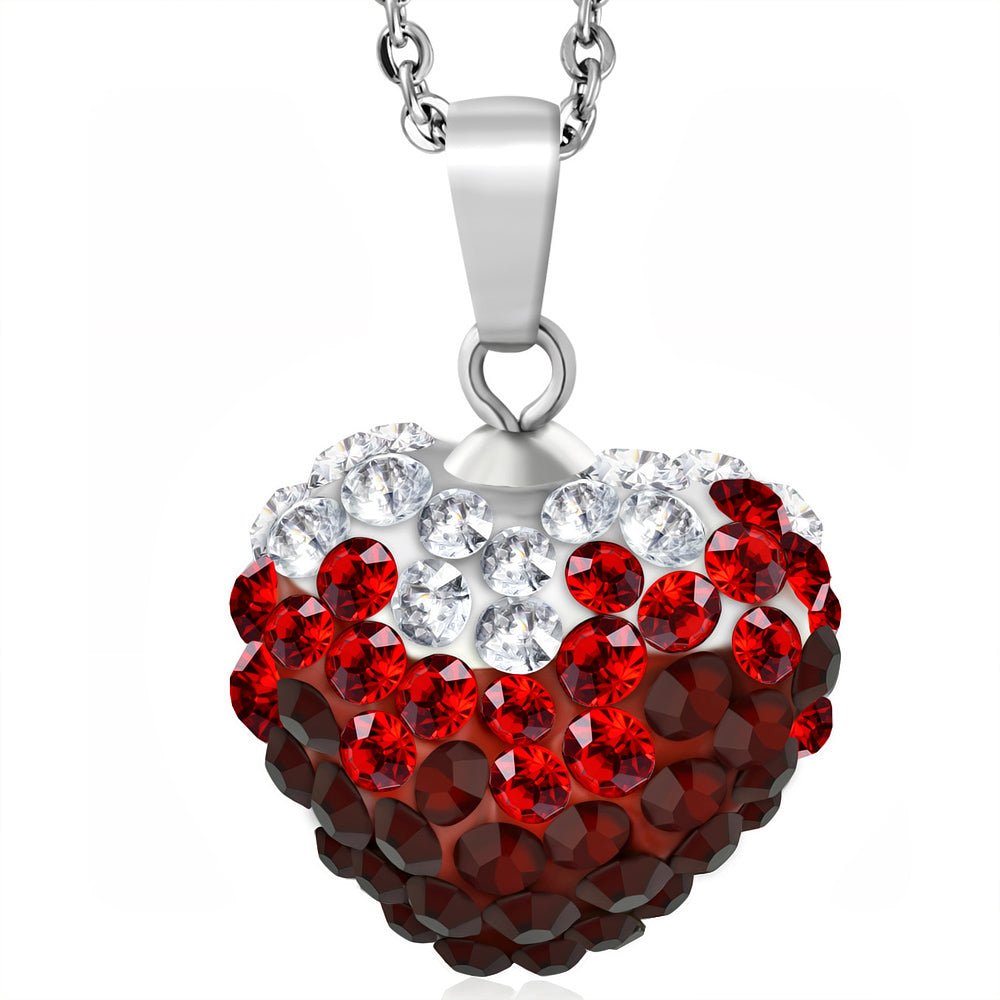 Stainless Steel Love Heart Shamballa Charm Chain Necklace w/ Clear & Light Siam Red CZ | CRZT