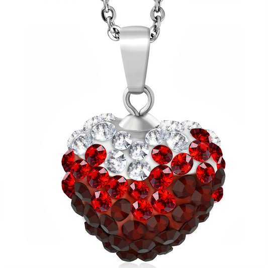 Stainless Steel Love Heart Shamballa Charm Chain Necklace w/ Clear & Light Siam Red CZ | CRZT
