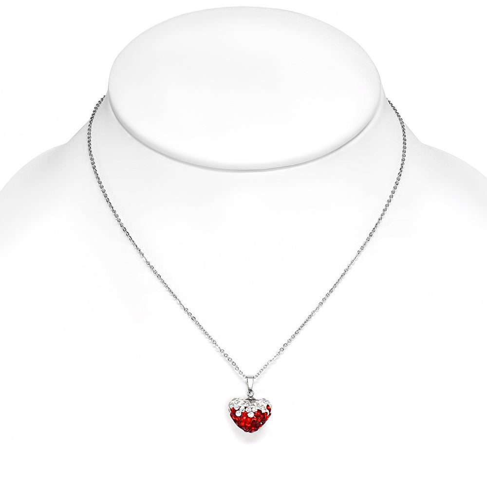 Stainless Steel Love Heart Shamballa Charm Chain Necklace w/ Clear & Light Siam Red CZ | CRZT