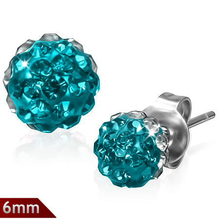 6mm | Stainless Steel Argil Disco Ball Shamballa Stud Earrings w/ Blue Zircon & Clear CZ (pair)
