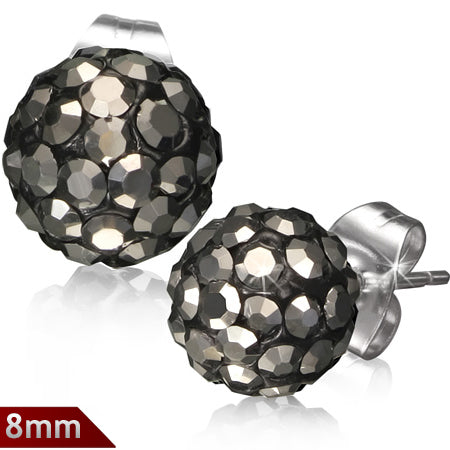 8mm | Stainless Steel Argil Disco Ball Shamballa Stud Earrings w/ Gunmetal Grey CZ (pair)