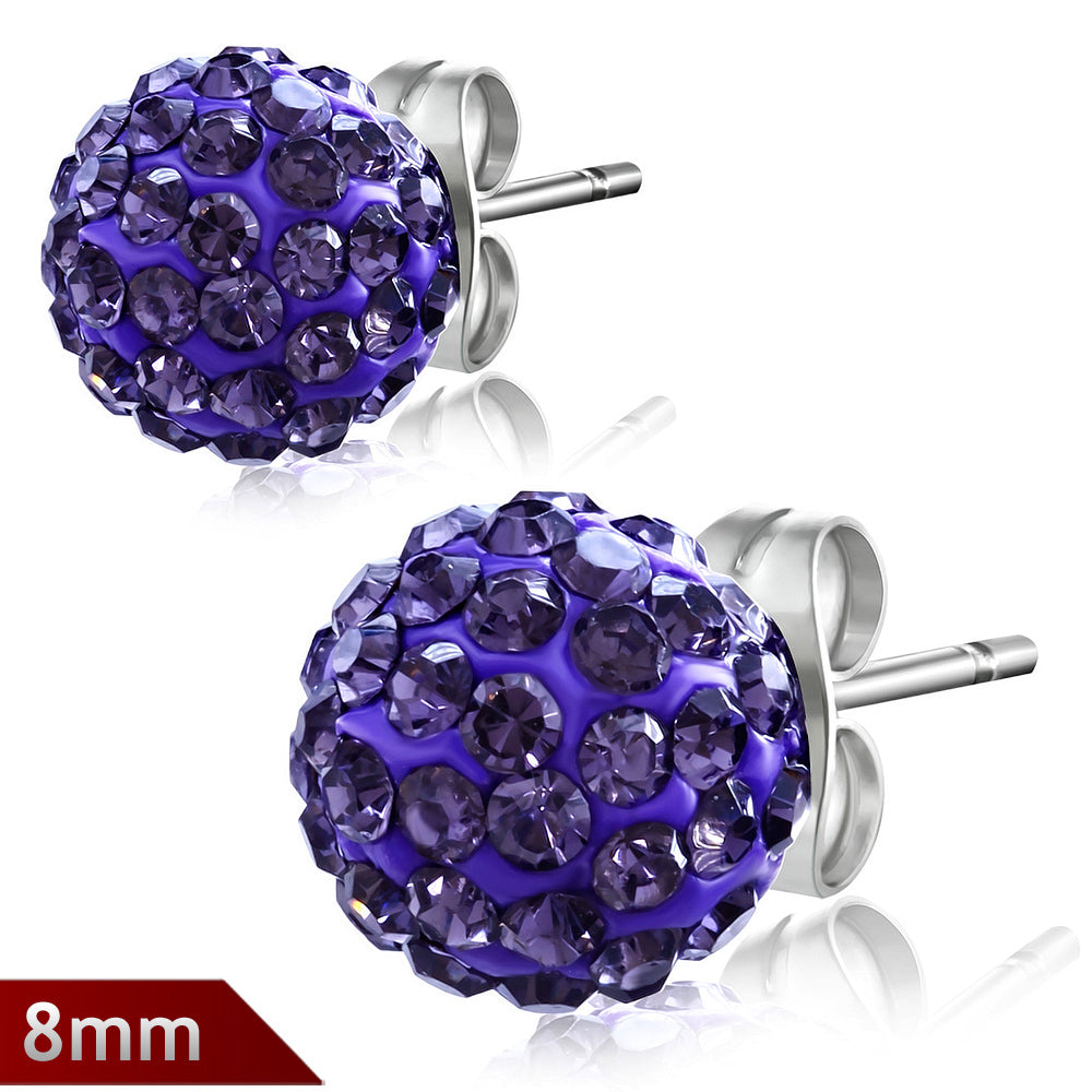 8mm | Stainless Steel Argil Disco Ball Shamballa Stud Earrings w/ Amethyst CZ (pair)