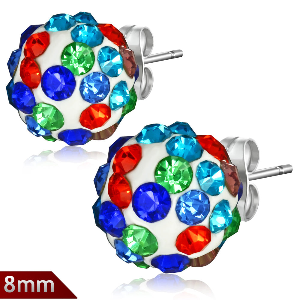 8mm | Stainless Steel Argil Disco Ball Shamballa Stud Earrings w/ Colorful CZ (pair)