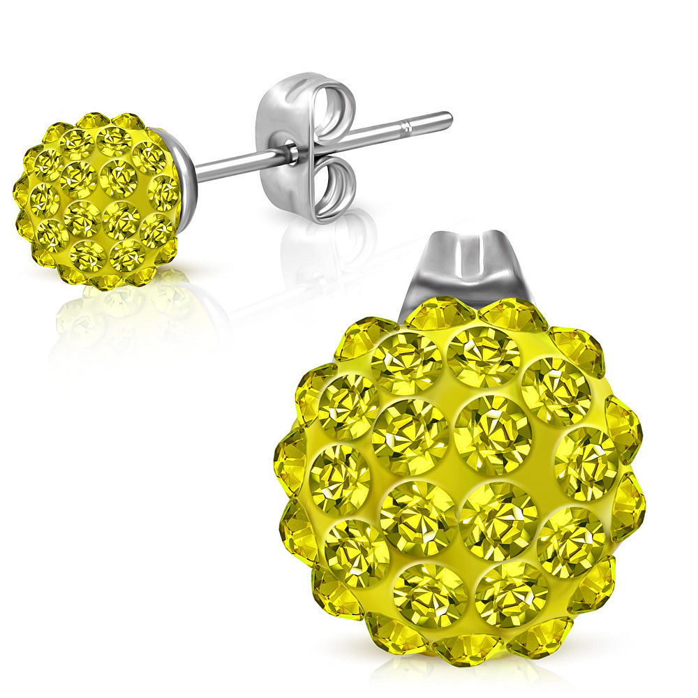 8mm | Stainless Steel Argil Disco Ball Shamballa Stud Earrings w/ Yellow CZ (pair)