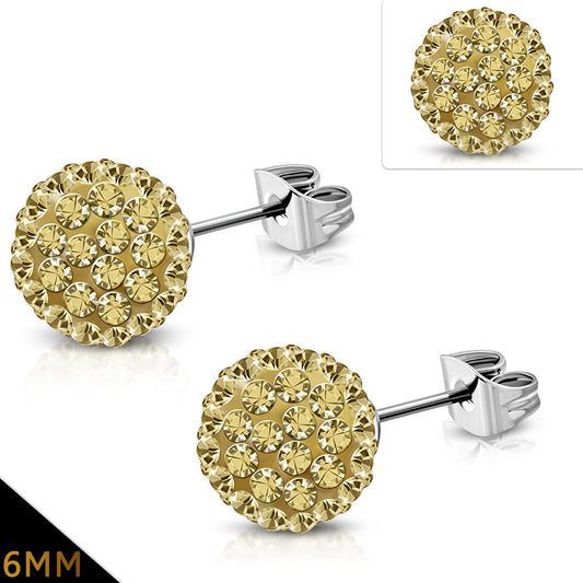 6mm | Stainless Steel Argil Disco Ball Shamballa Stud Earrings w/ Light Topaz CZ (pair)