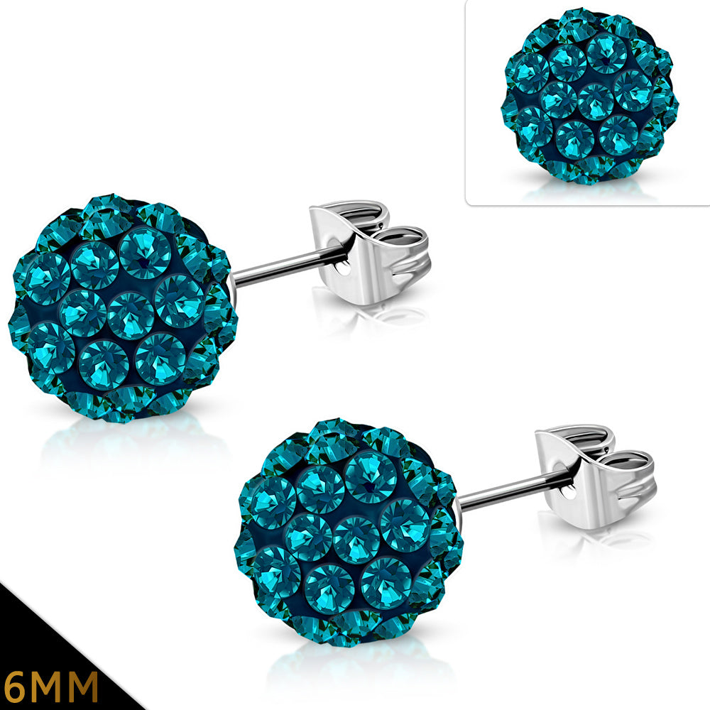 6mm | Stainless Steel Argil Disco Ball Shamballa Stud Earrings w/ Blue Zircon CZ (pair)