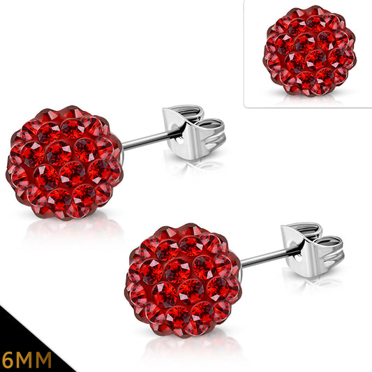 6mm | Stainless Steel Argil Disco Ball Shamballa Stud Earrings w/ Light Siam Red CZ (pair)