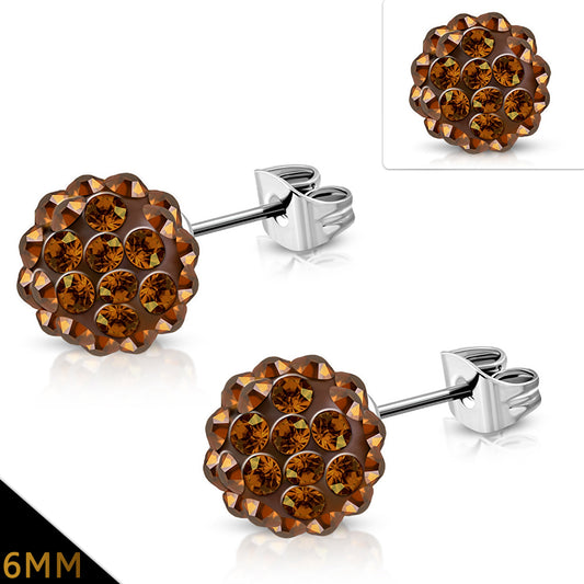 6mm | Stainless Steel Argil Disco Ball Shamballa Stud Earrings w/ Smoked Topaz CZ (pair)