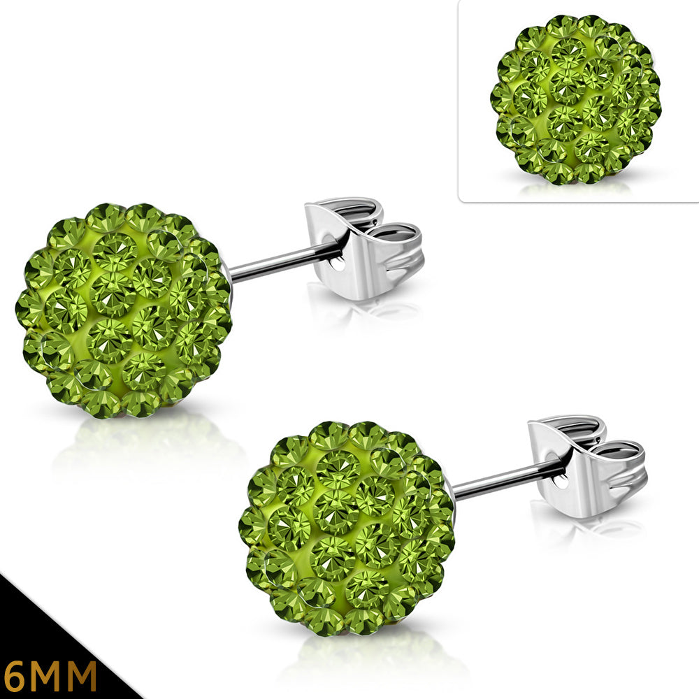 6mm | Stainless Steel Argil Disco Ball Shamballa Stud Earrings w/ Light Olivine CZ (pair)