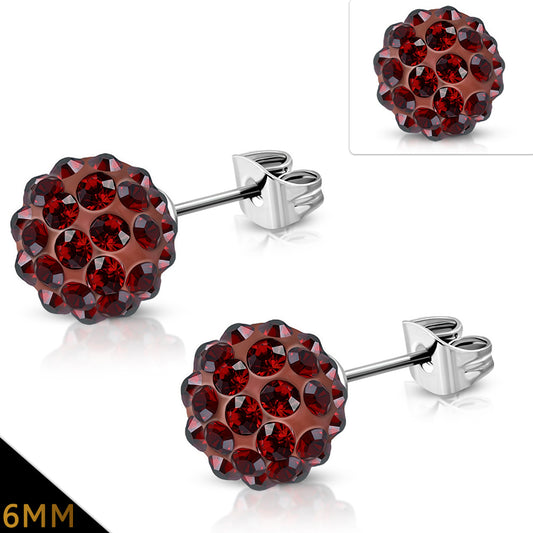 6mm | Stainless Steel Argil Disco Ball Shamballa Stud Earrings w/ Brown Red CZ (pair)