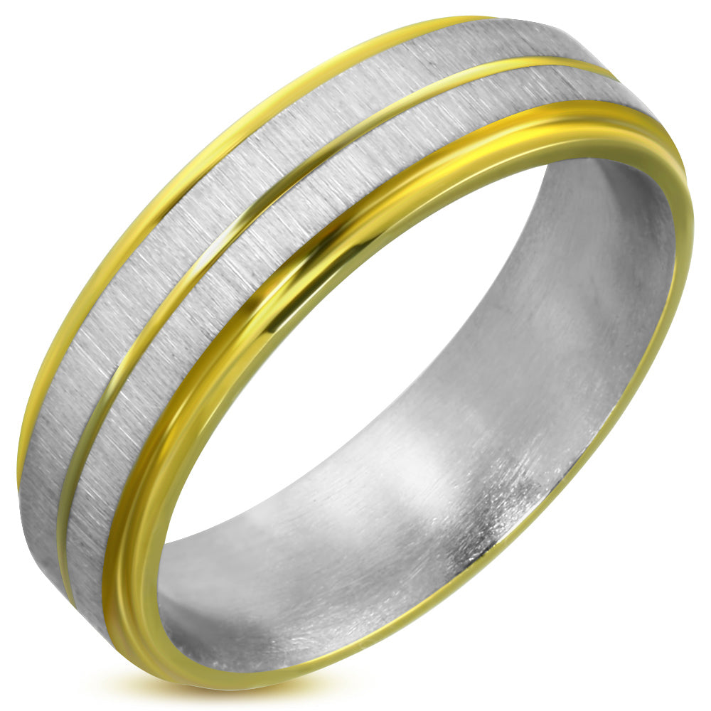 6mm | Stainless Steel Satin Finished 2-tone Grooved Striped Step Edge Flat Band Ring