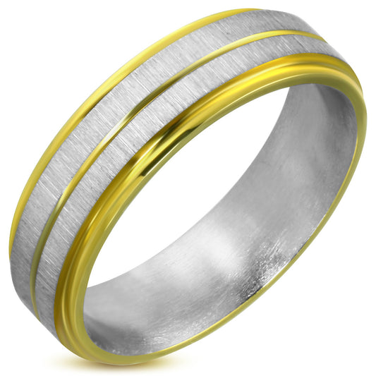6mm | Stainless Steel Satin Finished 2-tone Grooved Striped Step Edge Flat Band Ring