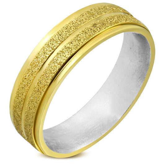 6mm | Stainless Steel Sandblasted 2-tone Grooved Striped Comfort Fit Flat Band Ring