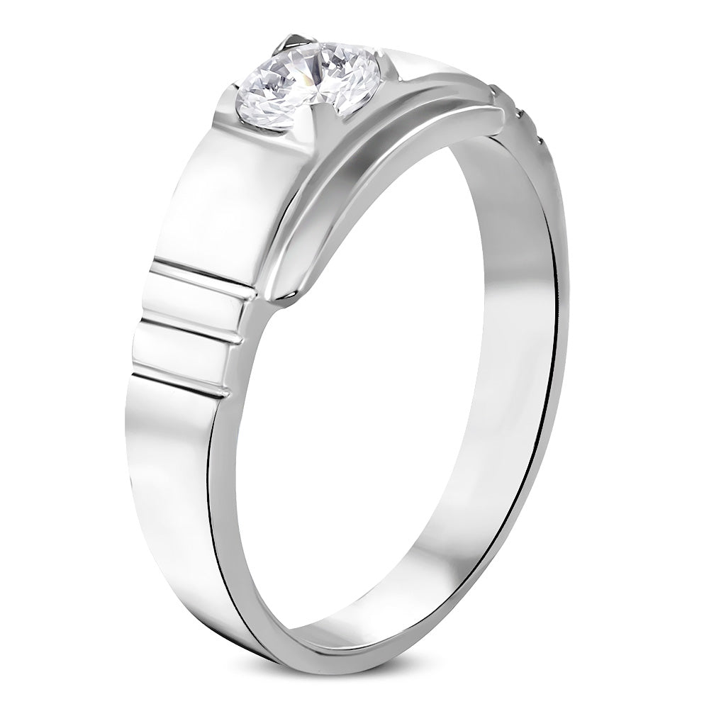 Stainless Steel Geometric Square Band Ring w/ Clear CZ
