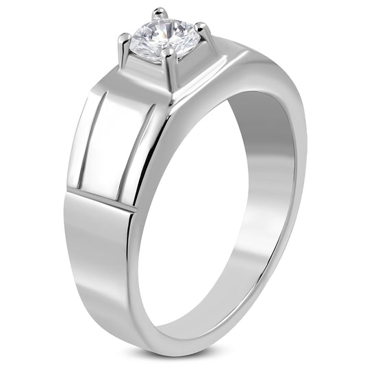 Stainless Steel Prong-­Set Round  Geometric Ring w/ Clear CZ ­
