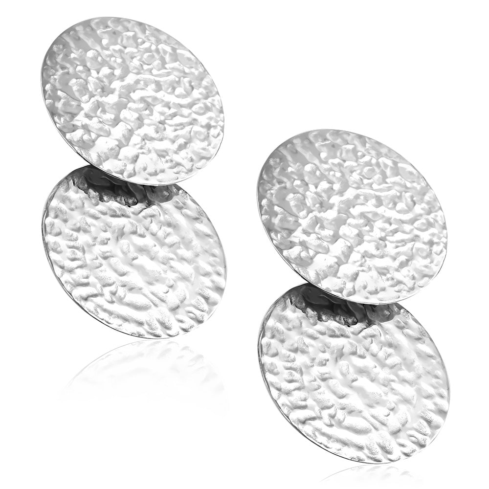 Stainless Steel Hammered Finish Circle Long Drop Stud Earrings (pair)
