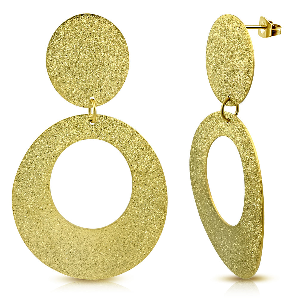 Gold Color Plated Stainless Steel Sandblasted Circle Long Drop Stud Earrings (pair)