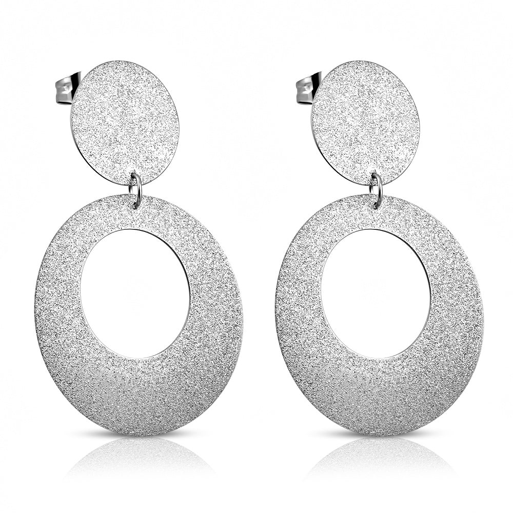 Stainless Steel Sandblasted Oval Long Drop Stud Earrings (pair)