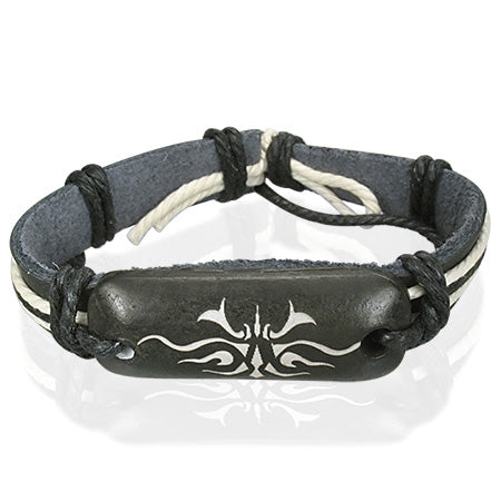 Fashion Rope Black Leather & Bone Tribal Design WatchStyle Bracelet