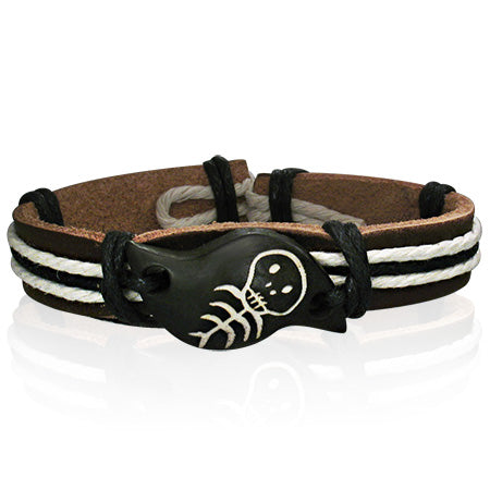 Fashion Rope Brown Leather & Bone Skull WatchStyle Bracelet