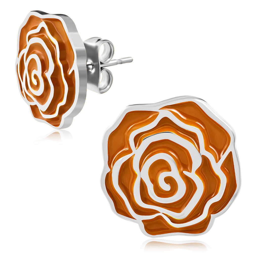 Stainless Steel Orange Enameled Rose Flower Stud Earrings (pair)