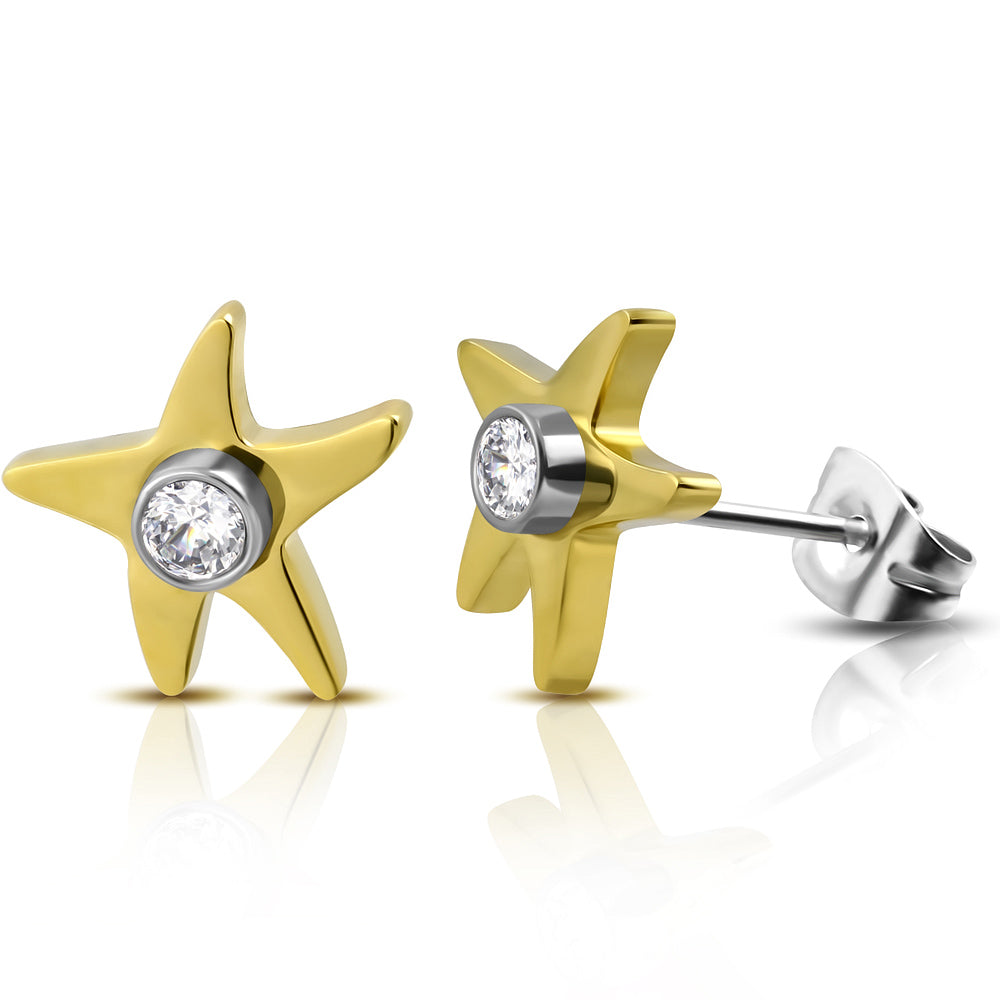 Stainless Steel 2-tone Star Starfish Stud Earrings w/ Clear CZ (pair)