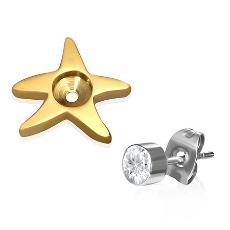 Stainless Steel 2-tone Star Starfish Stud Earrings w/ Clear CZ (pair)
