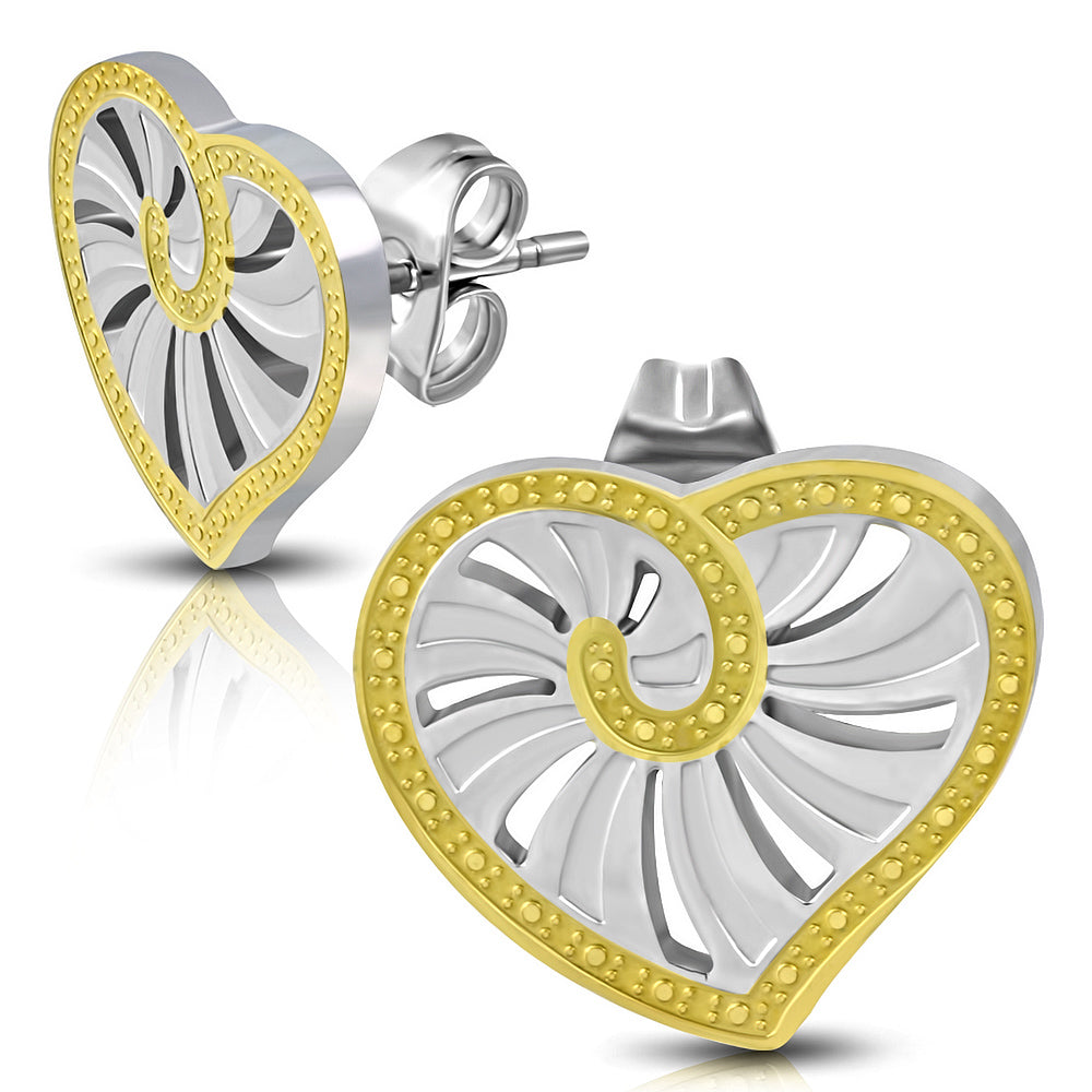 Stainless Steel 2-tone Cut-out Spiral Love Heart Stud Earrings (pair)