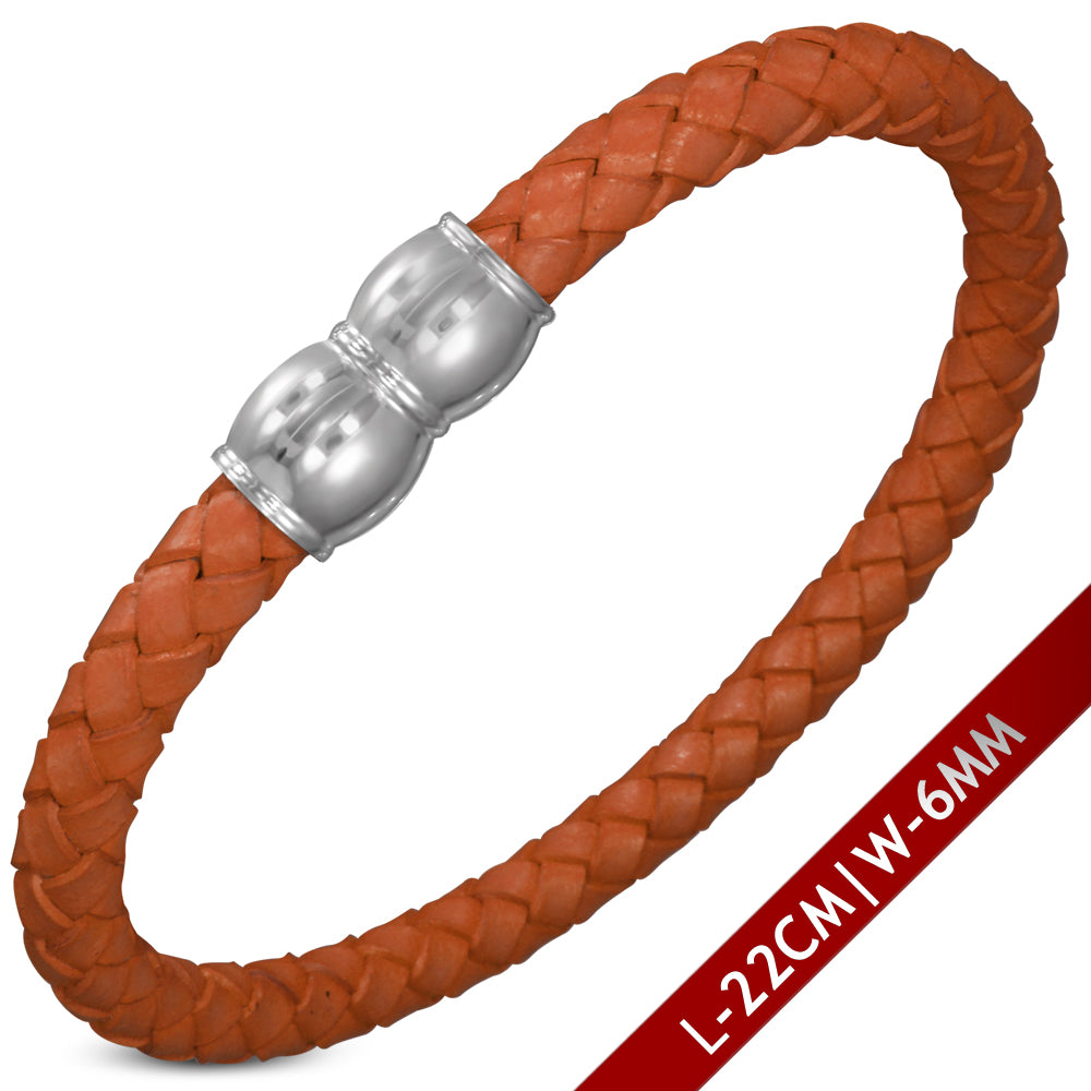 L-22cm W-6mm | Orange Brown Braided Leather Bracelet w/ Stainless Steel Magnetic Lock