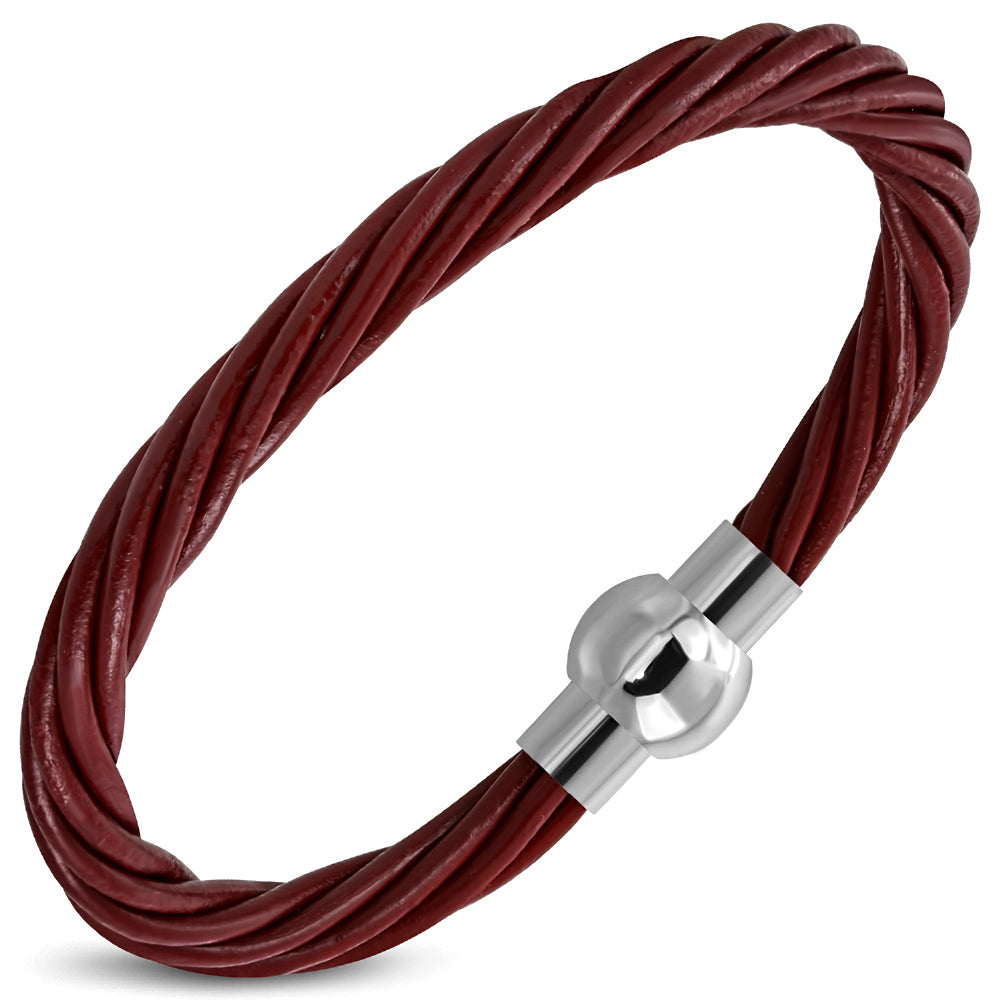 L-21cm W-6mm | Multi Strand Light Brown Leather Bracelet w/ Stainless Steel Magnetic Lock