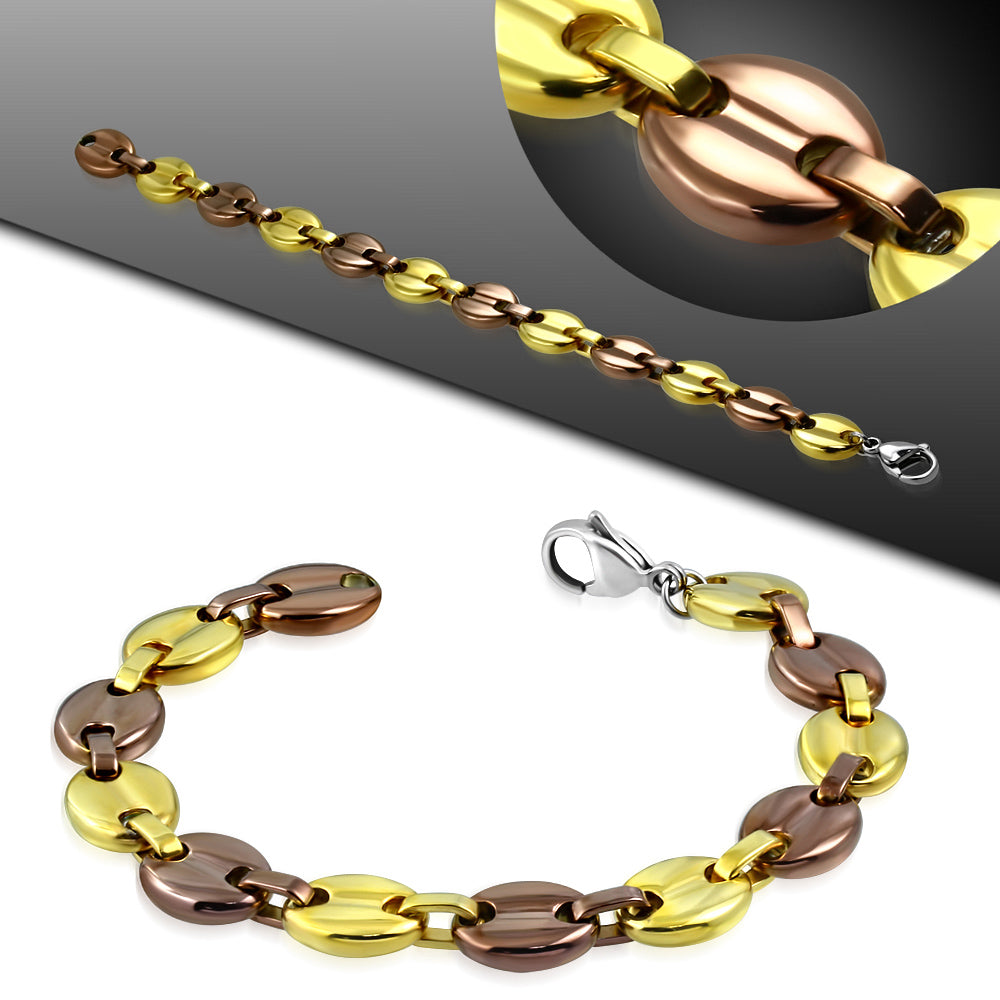 L-19cm W-10mm | Stainless Steel 3-tone Grooved Oval Link Bracelet