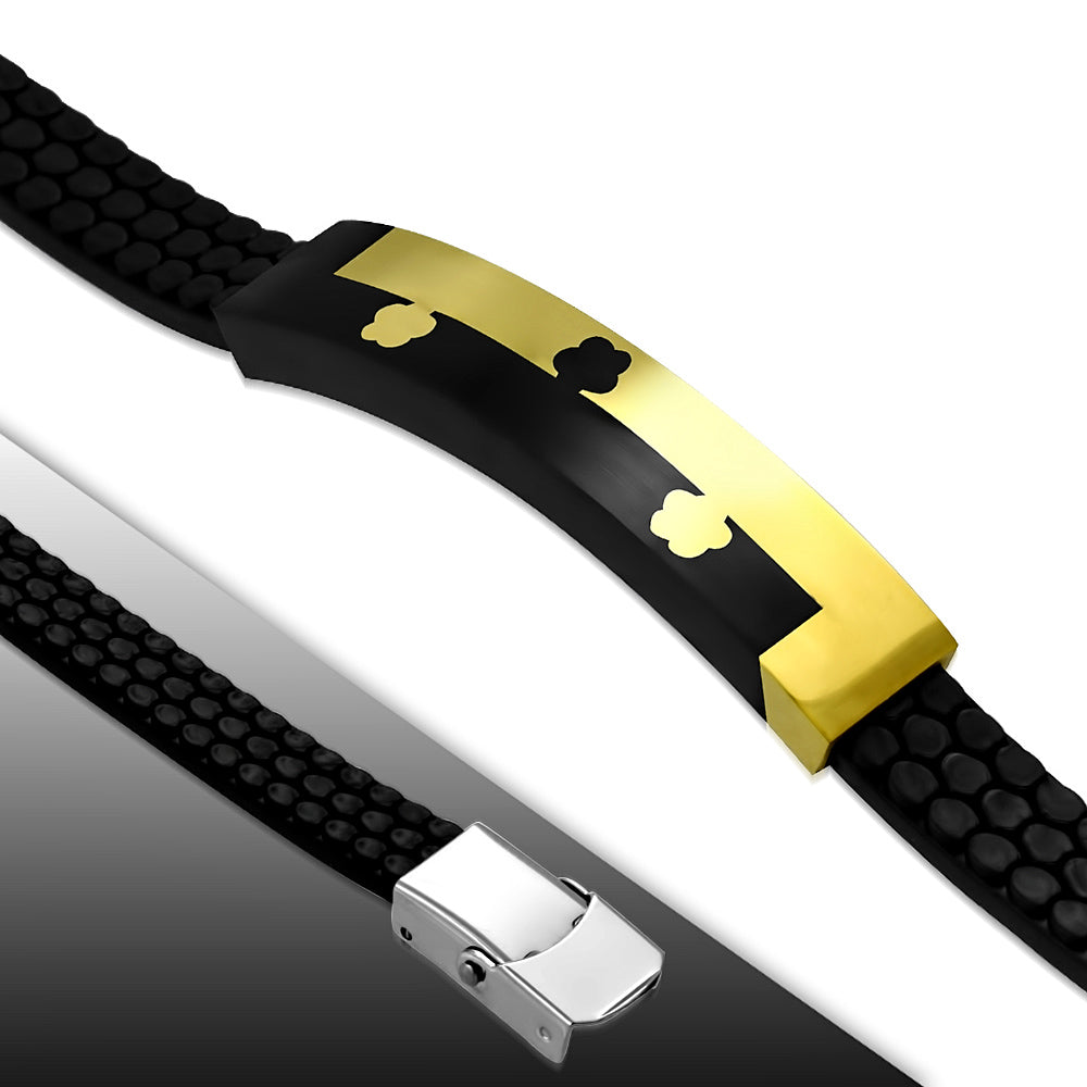 Black Rubber Bracelet w/ Stainless Steel 3-tone Flower/ Star Watch Style
