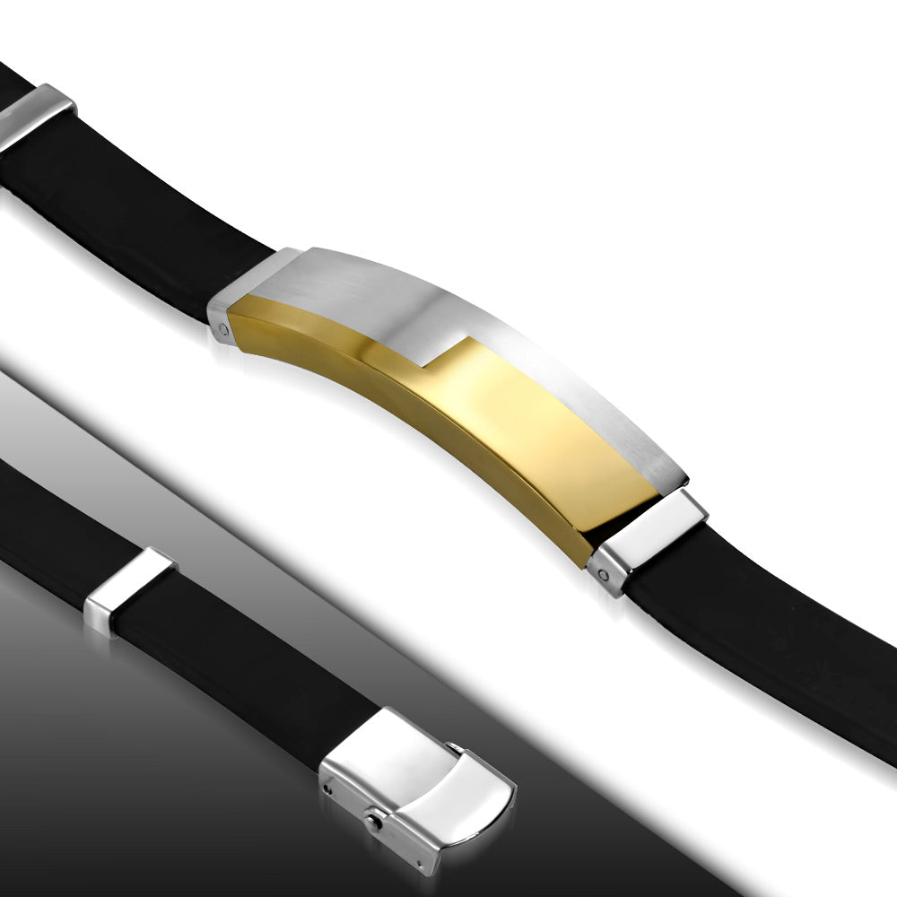 Black Rubber Bracelet w/ Stainless Steel 3-tone Jigsaw Watch-Style