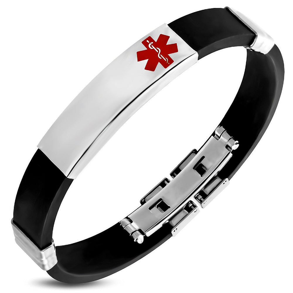 Black Rubber Bracelet w/ Stainless Steel 2-tone Medical Alert ID Watch-Style
