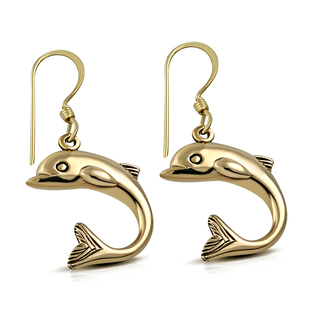 Fashion Bronze Jumping Dolphin Long Drop Hook Earrings (Pair)