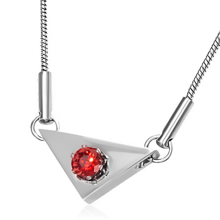 Stainless Steel Prong-Set Circle Triangle Charm Chain Necklace w/ Light Siam Red CZ | CRZT