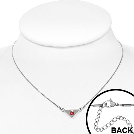 Stainless Steel Prong-Set Circle Triangle Charm Chain Necklace w/ Light Siam Red CZ | CRZT