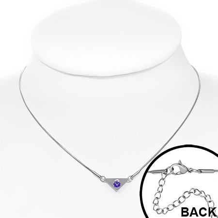 Stainless Steel Prong-Set Circle Triangle Charm Chain Necklace w/ Amethyst CZ