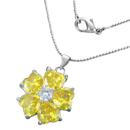 Fashion Alloy Crystal Flower Love Heart Charm Chain Necklace w/ Clear & Yellow CZ