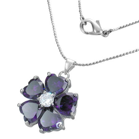 Fashion Alloy Crystal Love Heart Flower Charm Chain Necklace w/ Clear & Amethyst CZ