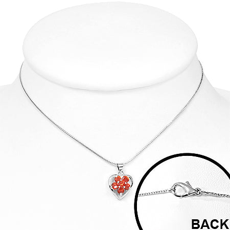 Fashion Alloy Crystal Flower Love Heart Charm Chain Necklace w/ Fire Opal Orange CZ