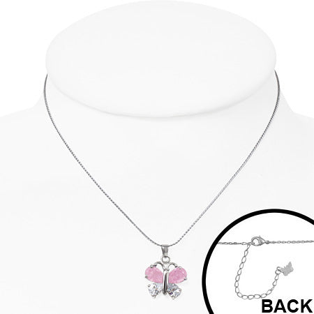 Fashion Alloy Crystal Teardrop Butterfly Charm Chain Necklace w/ Clear & Rose Pink CZ