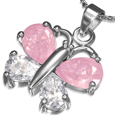 Fashion Alloy Crystal Teardrop Butterfly Charm Chain Necklace w/ Clear & Rose Pink CZ