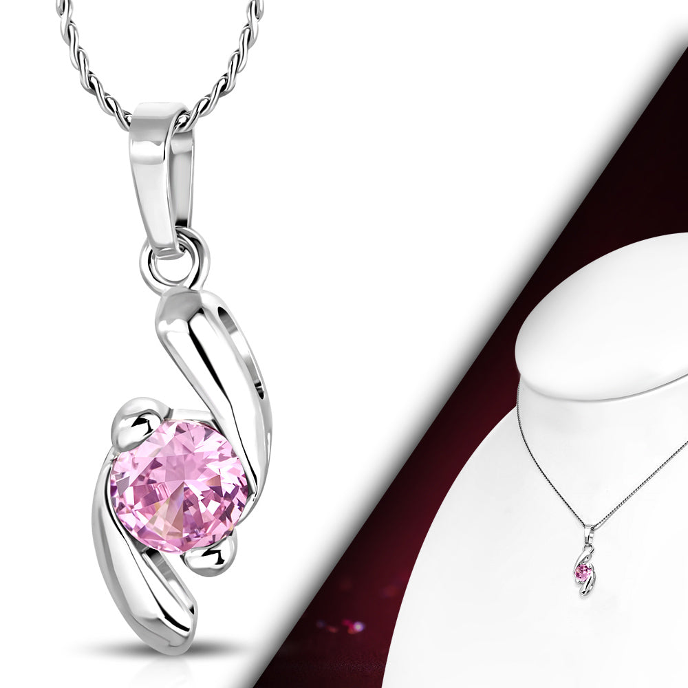Fashion Alloy Spiral Circle Charm Necklace w/ Rose Pink CZ