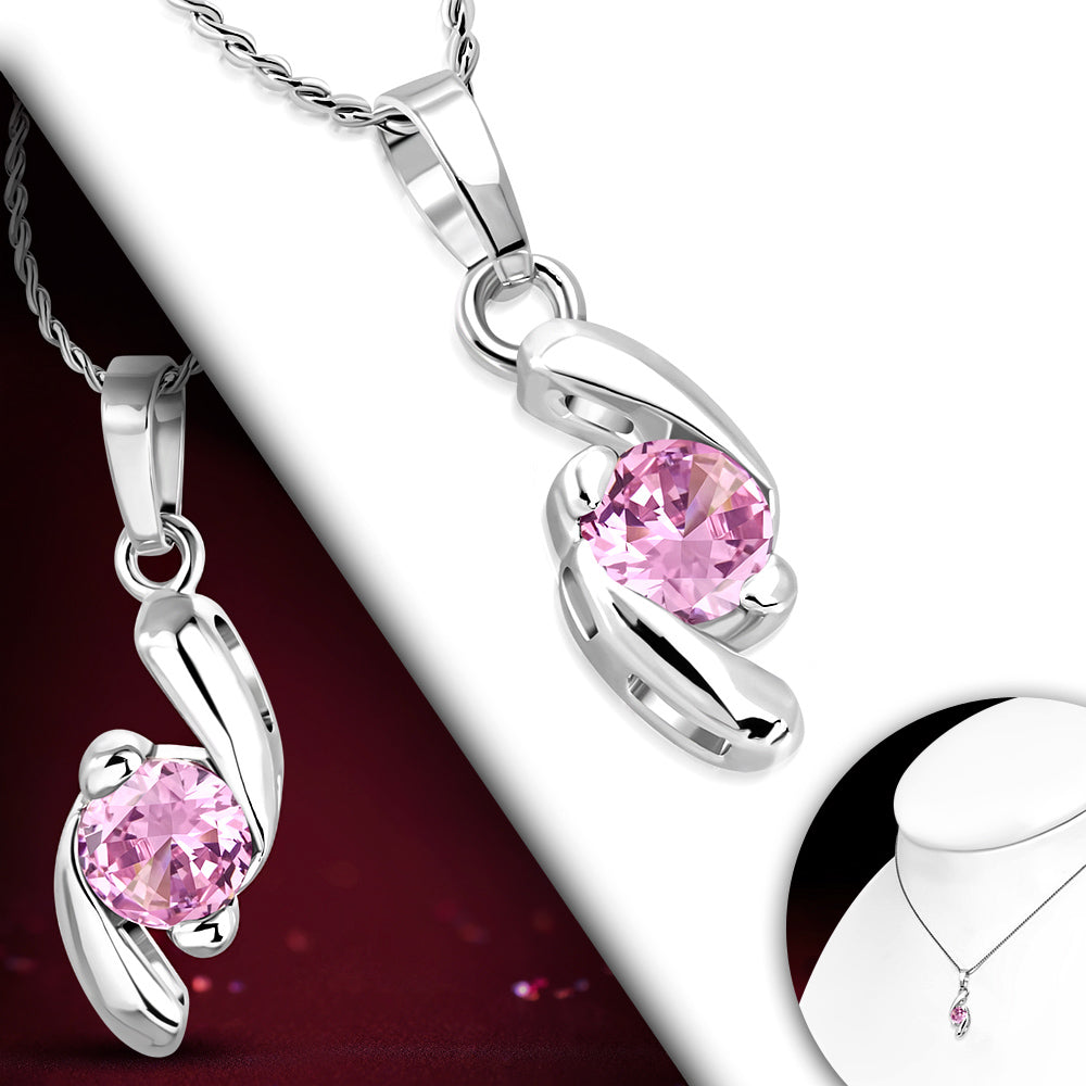 Fashion Alloy Spiral Circle Charm Necklace w/ Rose Pink CZ